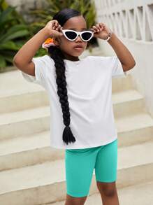 SHEIN Leap Crew 女大童標語&卡通臉圖案落肩T恤&騎行褲 - 薄荷藍 - 查看 3