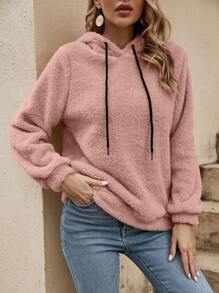 SHEIN LUNE 纯色抽绳粉色泰迪熊连帽衫，女士秋冬装