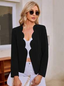 SHEIN Clasi 1入組貝殼邊開門襟素色西裝外套 - 黑色 - 查看 3
