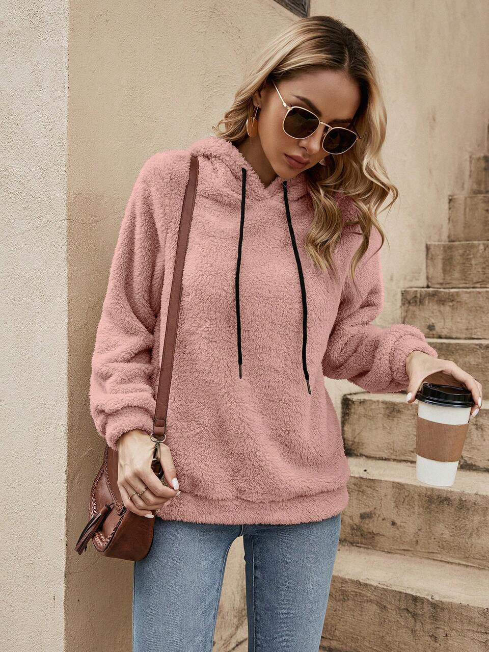 Solid Drawstring Pink Teddy Hoodie Autumn Winter Clothes For Women,Casual