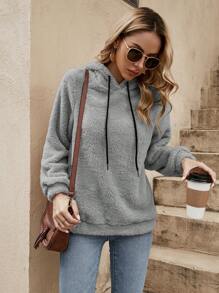 SHEIN LUNE 纯色抽绳泰迪连帽衫 蓬松连帽衫 灰色连帽衫 加大码女款连帽衫 灰色连帽衫 女款连帽衫 - 淺灰色 - 查看 4