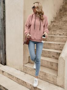 SHEIN LUNE 纯色抽绳粉色泰迪熊连帽衫，女士秋冬装