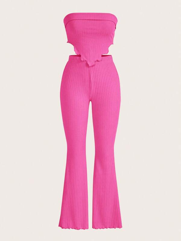 SHEIN EZwear orlo lattuga con orlo bandana Top fasce corto & Pantaloni svasati
