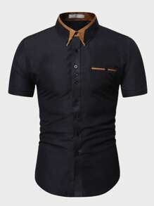 Manfinity Homme Men Contrast Collar Button Down Shirt - Black - View 3