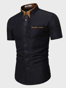 Manfinity Homme Men Contrast Collar Button Down Shirt - Black - View 1