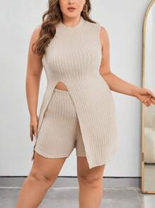 SHEIN Essnce Hơn Viền chia cắt Áo ba lỗ & Quần short - Màu be - Xem 2
