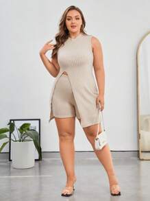 SHEIN Essnce Hơn Viền chia cắt Áo ba lỗ & Quần short - Màu be - Xem 5