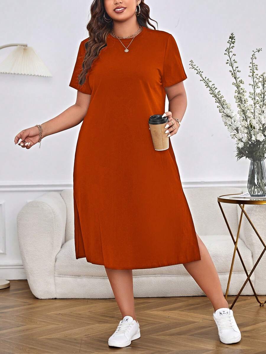 SHEIN Essnce Plus Solid Split Thigh Tee Dress - Rust Brown - View 1