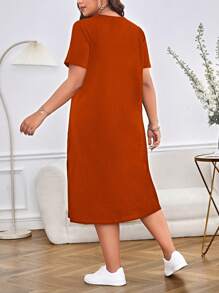 SHEIN Essnce Plus Solid Split Thigh Tee Dress - Rust Brown - View 2