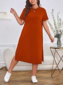 SHEIN Essnce Plus Solid Split Thigh Tee Dress - Rust Brown - View 3
