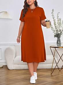 SHEIN Essnce Plus Solid Split Thigh Tee Dress - Rust Brown - View 5