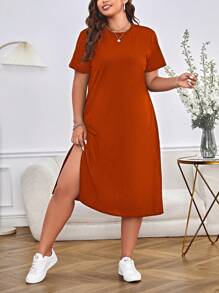 SHEIN Essnce Plus Solid Split Thigh Tee Dress - Rust Brown - View 6