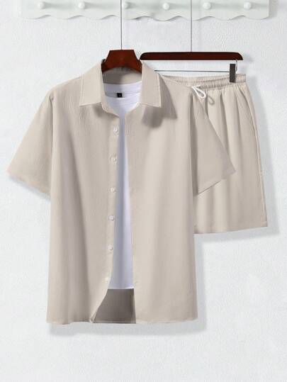 للرجال موحدة اللون قميص & رباط خصر بنطلون قصير بدون تي شيرت