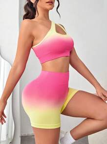 Easithlete Ombre One Shoulder Cut Out Sports Set - Multicolor - View 6