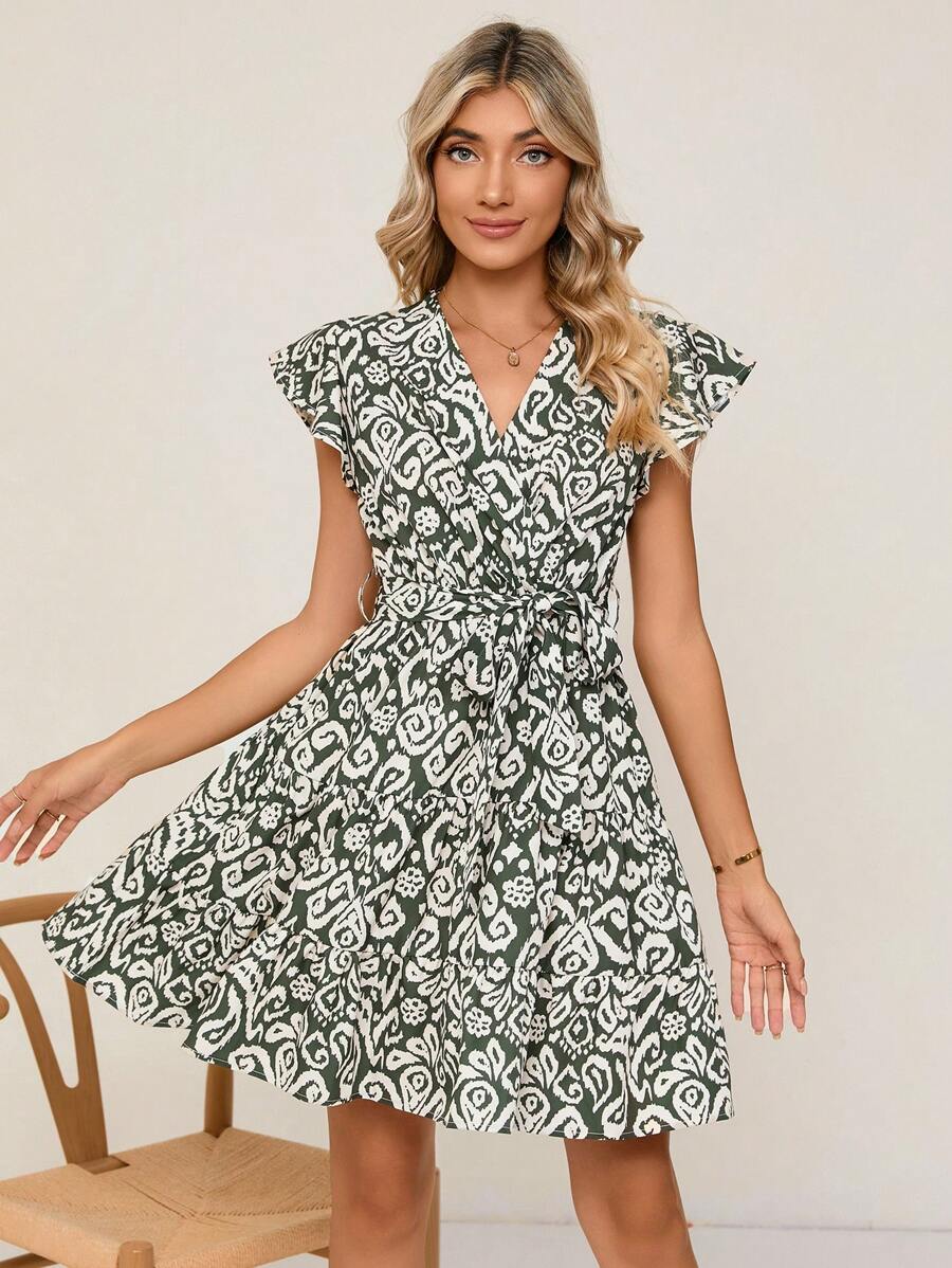SHEIN Frenchy Allover Print Butterfly Sleeve Belted Dress - Army Green - View 1
