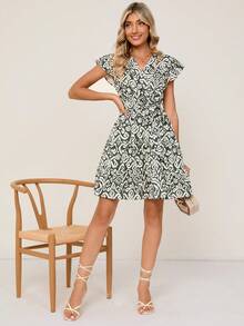 SHEIN Frenchy Allover Print Butterfly Sleeve Belted Dress - Army Green - View 3