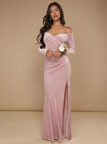 SHEIN Belle Off Shoulder Tách đùi Nhung Váy phù dâu - Màu Hồng baby - Xem 1