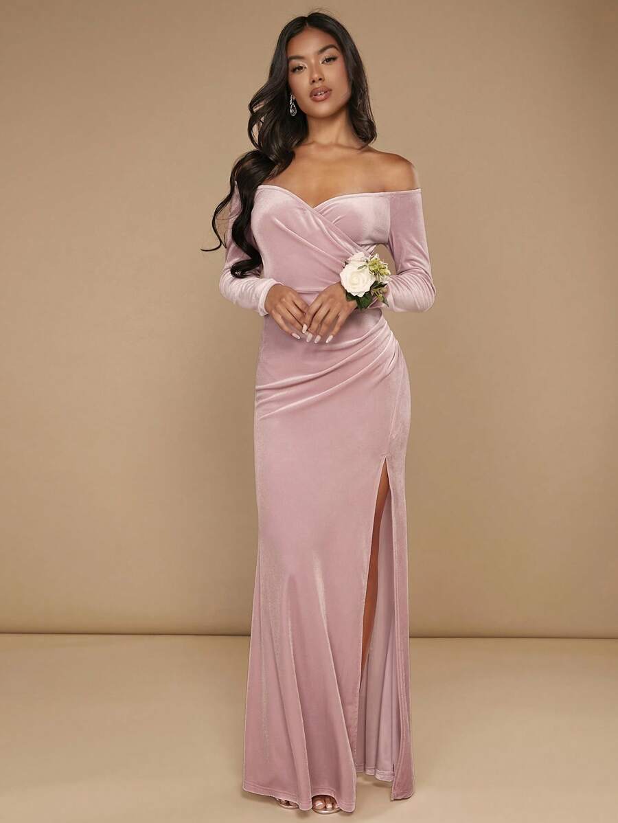 SHEIN Belle Off Shoulder Tách đùi Nhung Váy phù dâu - Màu Hồng baby - Xem 1