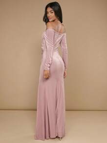 SHEIN Belle Off Shoulder Tách đùi Nhung Váy phù dâu - Màu Hồng baby - Xem 2