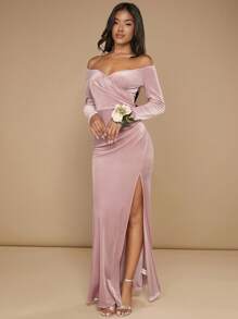 SHEIN Belle Off Shoulder Tách đùi Nhung Váy phù dâu - Màu Hồng baby - Xem 3