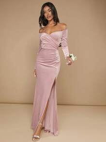 SHEIN Belle Off Shoulder Tách đùi Nhung Váy phù dâu - Màu Hồng baby - Xem 6