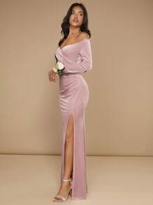 SHEIN Belle Off Shoulder Tách đùi Nhung Váy phù dâu - Màu Hồng baby - Xem 7