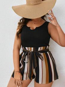 SHEIN LUNE Plus Striped Print Notched Neckline Belted Romper, Summer