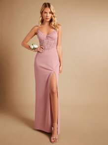 SHEIN Belle Ren tương phản Tách đùi Váy Phù dâu Dây - Màu Hồng baby - Xem 1