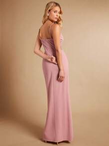 SHEIN Belle Ren tương phản Tách đùi Váy Phù dâu Dây - Màu Hồng baby - Xem 2