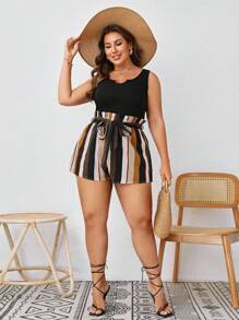 SHEIN LUNE Plus Striped Print Notched Neckline Belted Romper, Summer