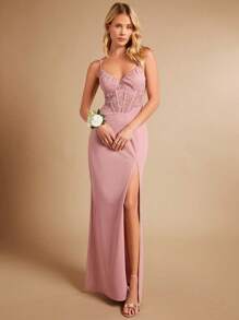 SHEIN Belle Ren tương phản Tách đùi Váy Phù dâu Dây - Màu Hồng baby - Xem 3