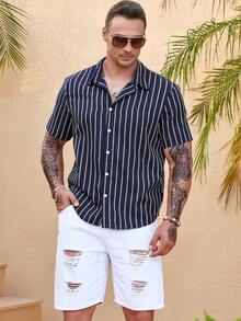 Manfinity Homme 男士大码條紋印花襯衫不帶T恤 - 黑色 - 查看 3