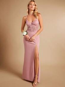 SHEIN Belle Ren tương phản Tách đùi Váy Phù dâu Dây - Màu Hồng baby - Xem 5