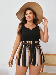 SHEIN LUNE Plus Striped Print Notched Neckline Belted Romper, Summer