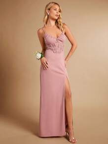 SHEIN Belle Ren tương phản Tách đùi Váy Phù dâu Dây - Màu Hồng baby - Xem 9