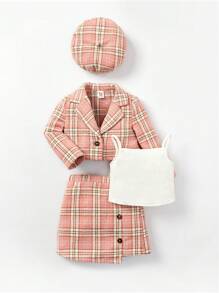 Cozy Pixies 女嬰格紋印花西裝領西裝外套和裙子和吊帶上衣和帽 - 粉色 - 查看 11