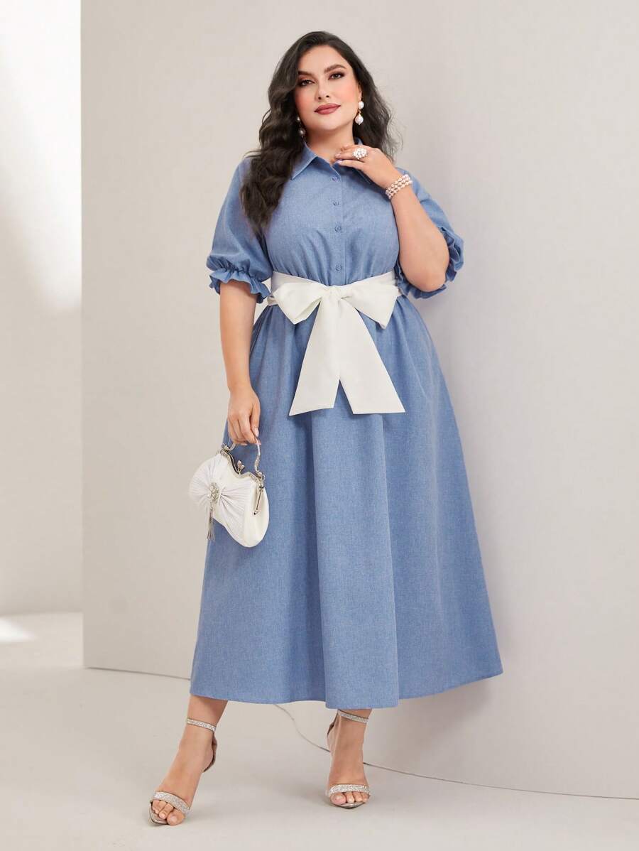 Mulvari Plus Striped Print Belted Shirt Dress - Blue - View 1