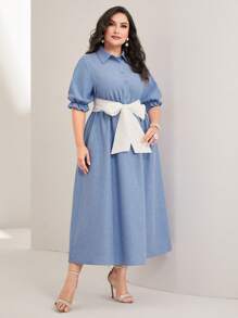 Mulvari Plus Striped Print Belted Shirt Dress - Blue - View 4