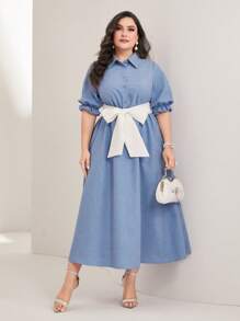 Mulvari Plus Striped Print Belted Shirt Dress - Blue - View 5