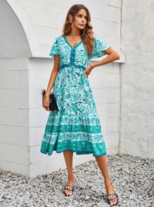 Modelyn Vestido con estampado floral de manga mariposa bajo con fruncido - Verde - Ver 5