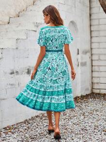Modelyn Vestido con estampado floral de manga mariposa bajo con fruncido - Verde - Ver 2