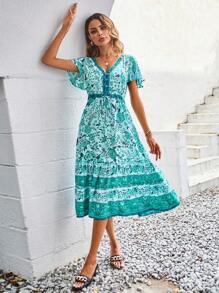 Modelyn Vestido con estampado floral de manga mariposa bajo con fruncido - Verde - Ver 3