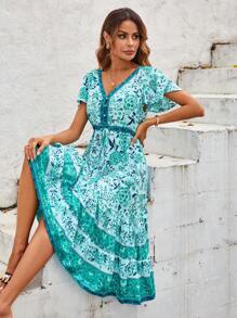 Modelyn Vestido con estampado floral de manga mariposa bajo con fruncido - Verde - Ver 4