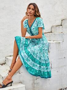 Modelyn Vestido con estampado floral de manga mariposa bajo con fruncido - Verde - Ver 1