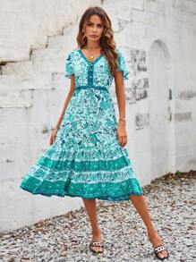 Modelyn Vestido con estampado floral de manga mariposa bajo con fruncido - Verde - Ver 6