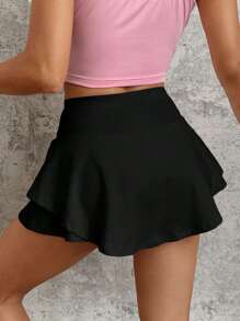 SHEIN EZwear 女士纯色弹力腰荷叶边阔腿裤 - 黑色 - 查看 2