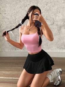 SHEIN EZwear 女士纯色弹力腰荷叶边阔腿裤 - 黑色 - 查看 6