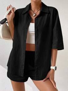Muchica Solid Button Front Shirt & Shorts - Black - View 1