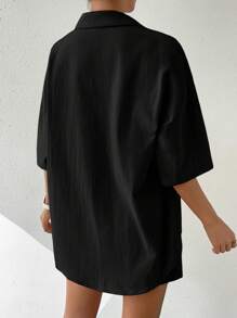 Muchica Solid Button Front Shirt & Shorts - Black - View 2