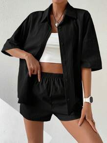 Muchica Solid Button Front Shirt & Shorts - Black - View 3